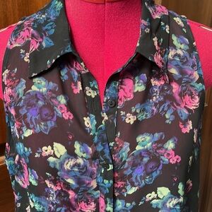 Decree  Top  Blouse  Sheer Button Down Floral    Sleeveless  Black/multi  Size L
